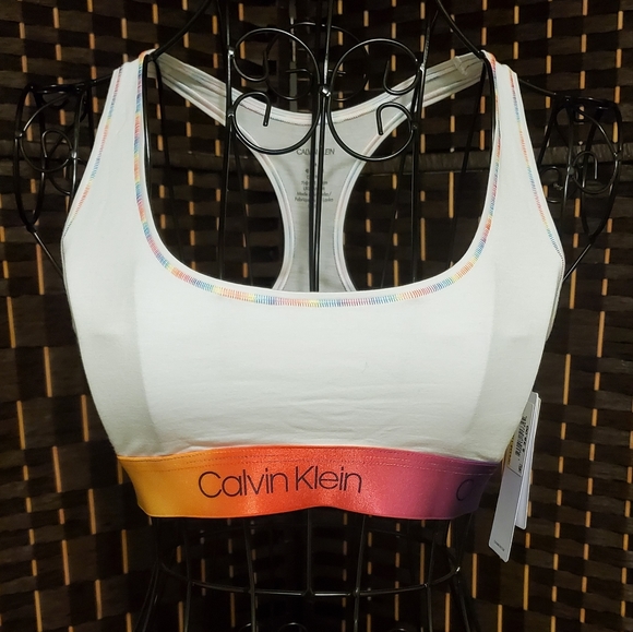 Calvin Klein Unlined Bralette White Rainbow Band - Picture 1 of 9